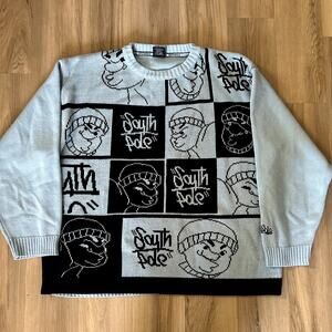 RARE Vintage SOUTHPOLE Y2k Knit Sweater Graffiti Character Checkerboard Sz XXL